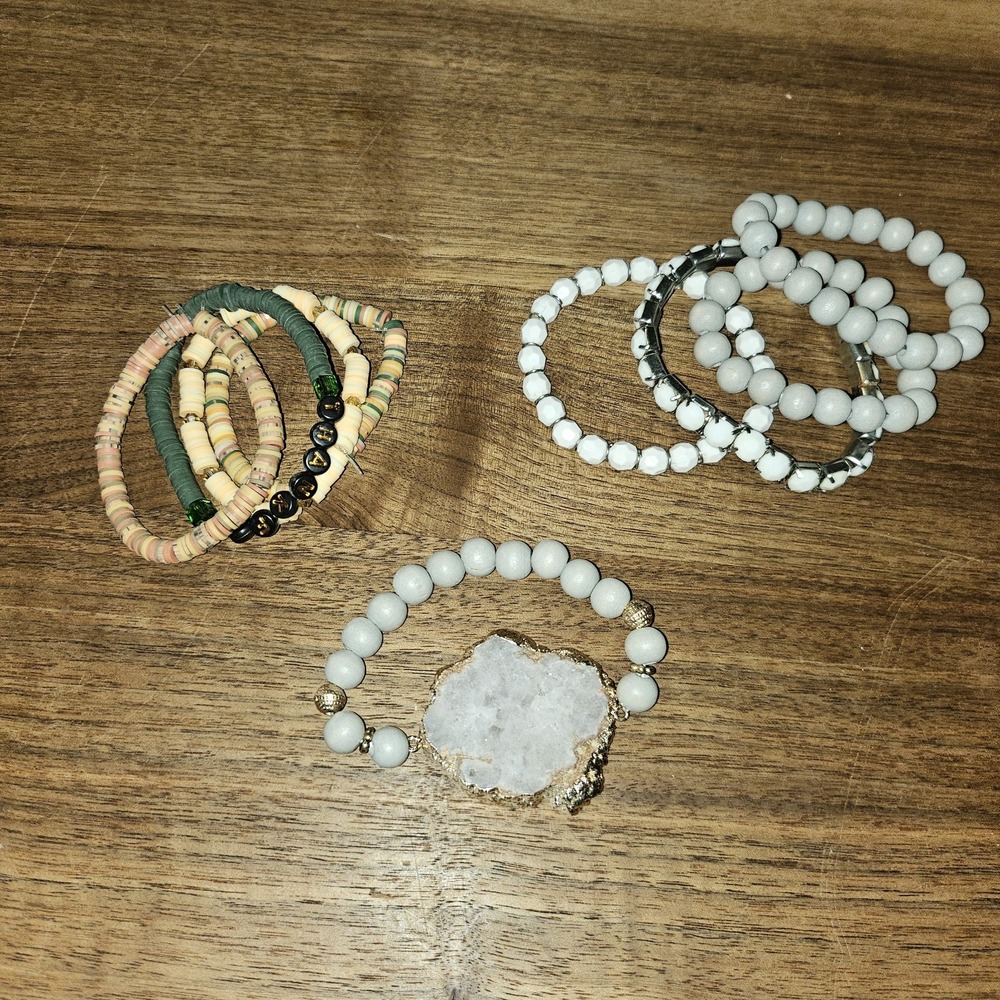 Beaded Stretchy Bracelets. 9 Assorted. White,Grey,Stone, And Earthy Colors